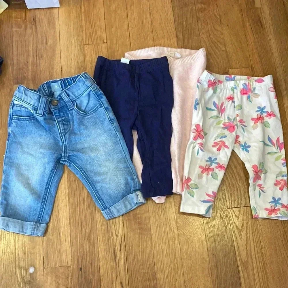 Lot of (4) baby girl pants jeans leggings sz 6-12 month
